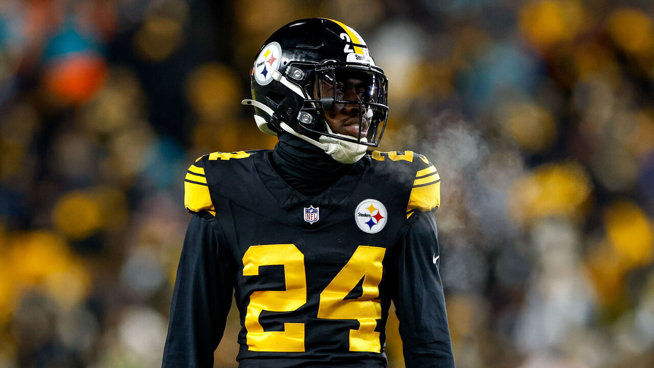 PITTSBURGH, PENNSYLVANIA - DECEMBER 15: Joey Porter Jr. #24 of the Pittsburgh Steelers looks on during the second quarter of the NFL 2025 game against the Miami Dolphins at Acrisure Stadium on December 15, 2025 in Pittsburgh, Pennsylvania.