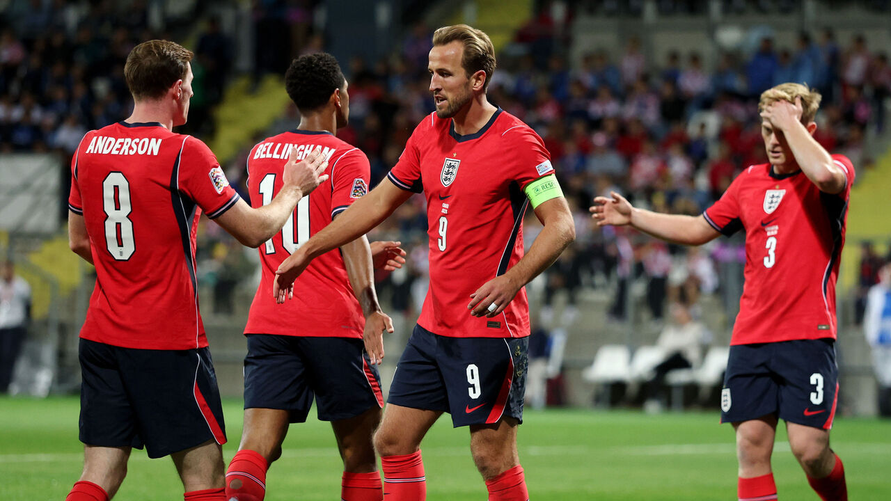 RIJEKA, CROATIA - OCTOBER 03: Harry Kane of England celebrates scoring his team’s fifth goal with teammate Elliot Anderson during the UEFA Nations League 2026/27 group phase match between Croatia and England at Stadion HNK Rijeka on October 03, 2026 in Rijeka, Croatia.