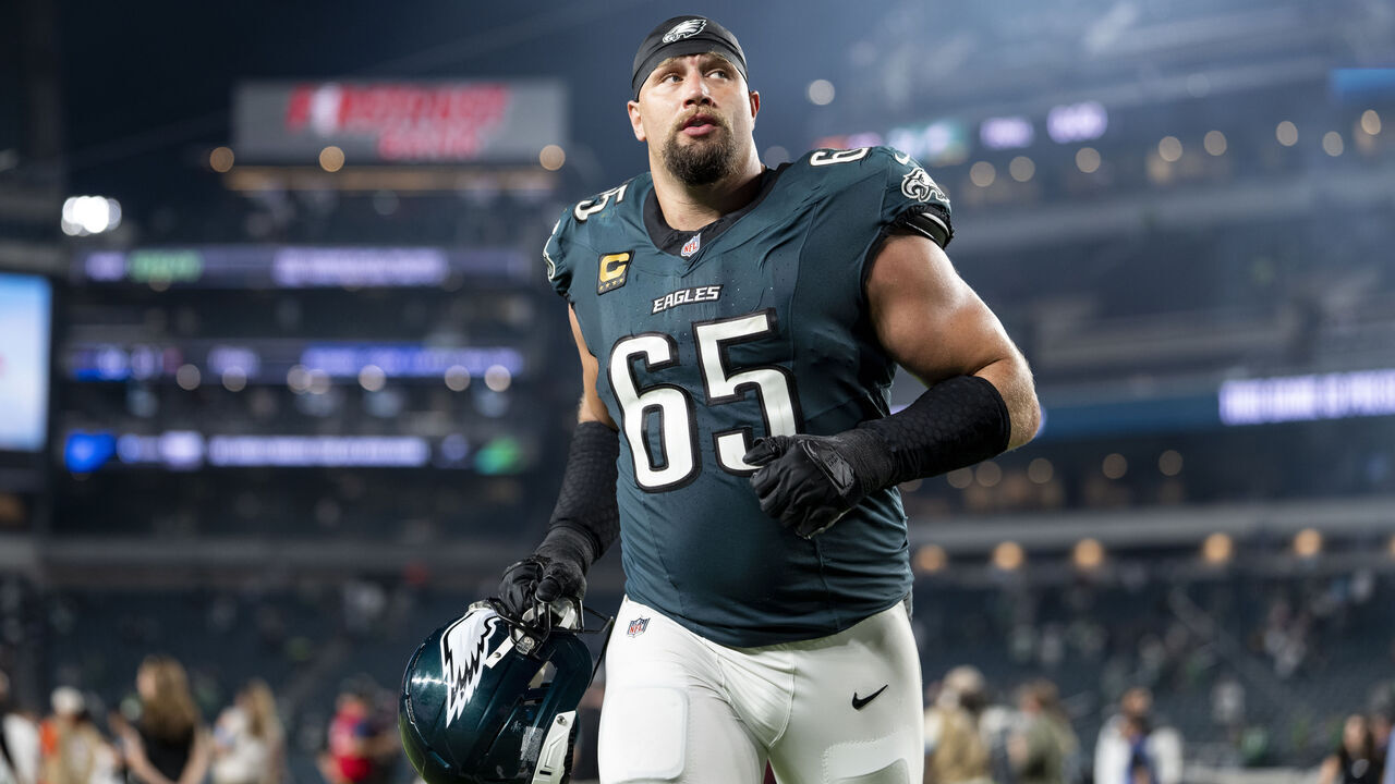 PHILADELPHIA, PENNSYLVANIA - SEPTEMBER 13: Lane Johnson #65 of the Philadelphia Eagles walks off the field against the Washington Commanders following an NFL football game at Lincoln Financial Field on September 13, 2026 in Philadelphia, Pennsylvania.