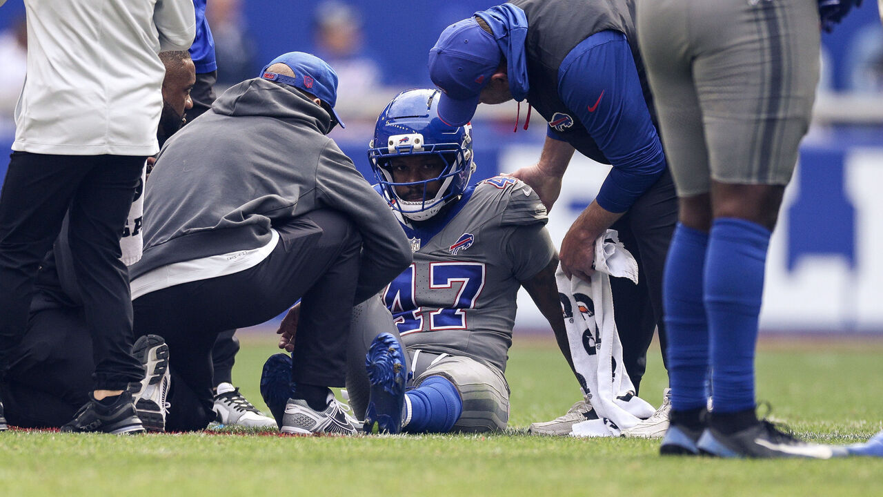 ORCHARD PARK, NEW YORK - SEPTEMBER 27: Christian Benford #47 of the Buffalo Bills sits injured on the field against the Los Angeles Chargers during the third quarter of the game at Highmark Stadium on September 27, 2026 in Orchard Park, New York.