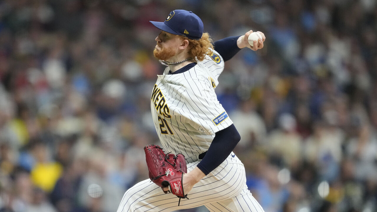 MILWAUKEE, WISCONSIN - SEPTEMBER 26: Dustin May #21 of the Milwaukee Brewers pitches against the St. Louis Cardinals in the third inning at American Family Field on September 26, 2026 in Milwaukee, Wisconsin.