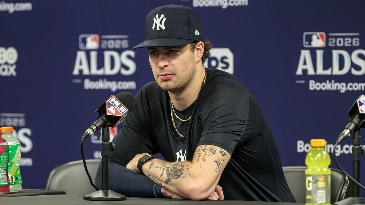 ST. PETERSBURG, FL - OCTOBER 03: Cam Schlittler #31 of the New York Yankees speaks to the media prior to Game One of the American League Division Series presented by Booking.com between the New York Yankees and the Tampa Bay Rays at Tropicana Field on Saturday, October 3, 2026 in St. Petersburg, Florida.