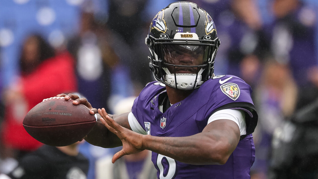 BALTIMORE, MARYLAND - OCTOBER 04: Lamar Jackson #8 of the Baltimore Ravens attempts a pass before the game against the Tennessee Titans at M&T Bank Stadium on October 4, 2026 in Baltimore, Maryland.