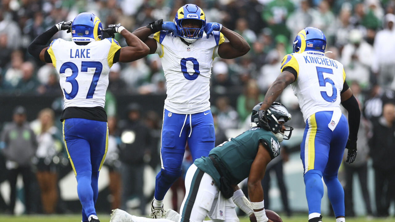PHILADELPHIA, PENNSYLVANIA - OCTOBER 4: Byron Young #0 of the Los Angeles Rams celebrates after a sack during the second quarter of an NFL football game against the Philadelphia Eagles at Lincoln Financial Field on October 4, 2026 in Philadelphia, Pennsylvania.