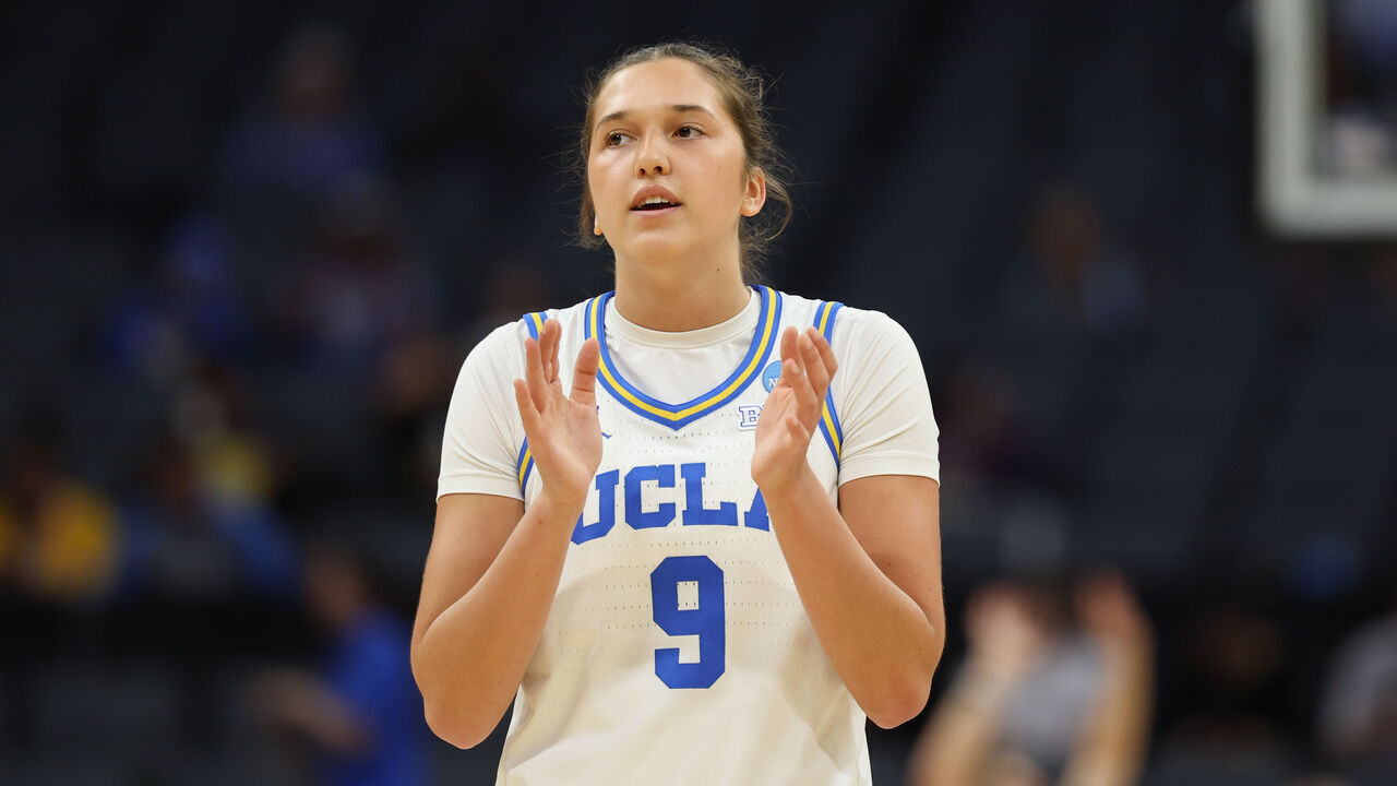SACRAMENTO, CALIFORNIA - MARCH 27: Lena Bilic #9 of the UCLA Bruins warms up during pregame of a Sweet Sixteen round game of the 2026 NCAA Women's Basketball Tournament held at Golden 1 Center on March 27, 2026 in Sacramento, California.