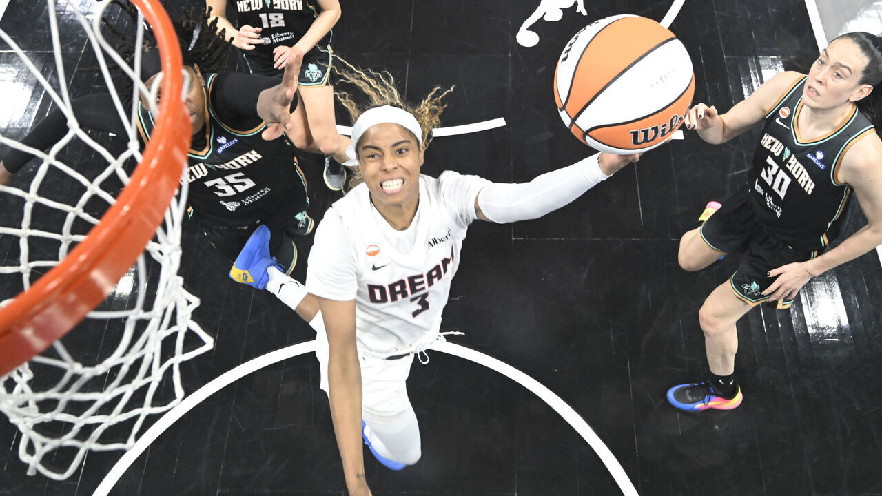ATLANTA, GA - OCTOBER 4: Jordin Canada #3 of the Atlanta Dream drives to the basket during the game against the New York Liberty during Semi-Finals Game 1 on October 4, 2026 at State Farm Arena at College Park in Atlanta, Georgia. Mandatory Copyright Notice: Copyright 2026 NBAE