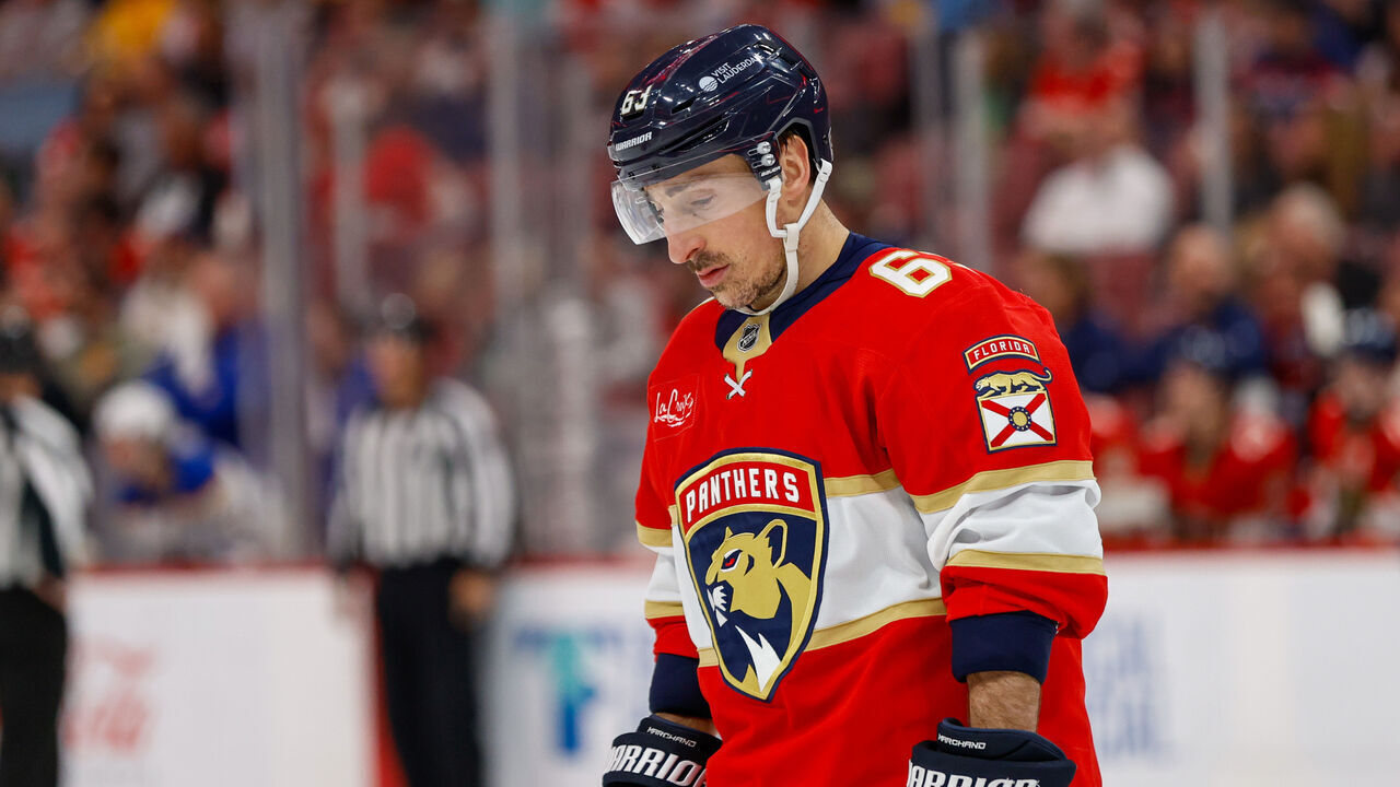 SUNRISE, FL - FEBRUARY 27 : Florida Panthers left wing Brad Marchand (63) looks on in the first period during a NHL game between the Buffalo Sabres and the Florida Panthers on February 27, 2027 at Amerant Bank Arena in Sunrise, FL.