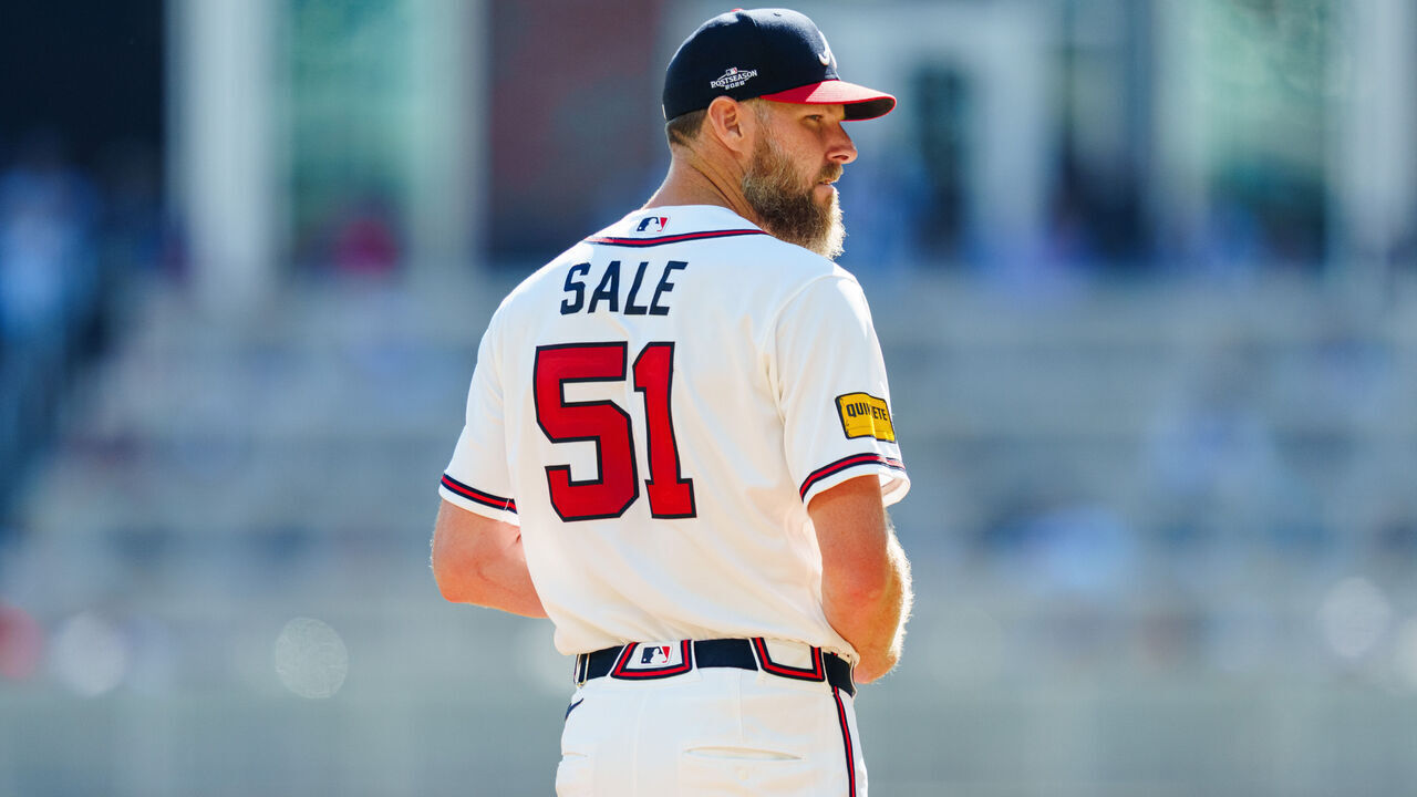 ATLANTA, GA - SEPTEMBER 29: Chris Sale #51 of the Atlanta Braves pitches in the fifth inning during Game One of the Wild Card Series between the Philadelphia Phillies and the Atlanta Braves at Truist Park on September 29, 2026 in Atlanta, Georgia.