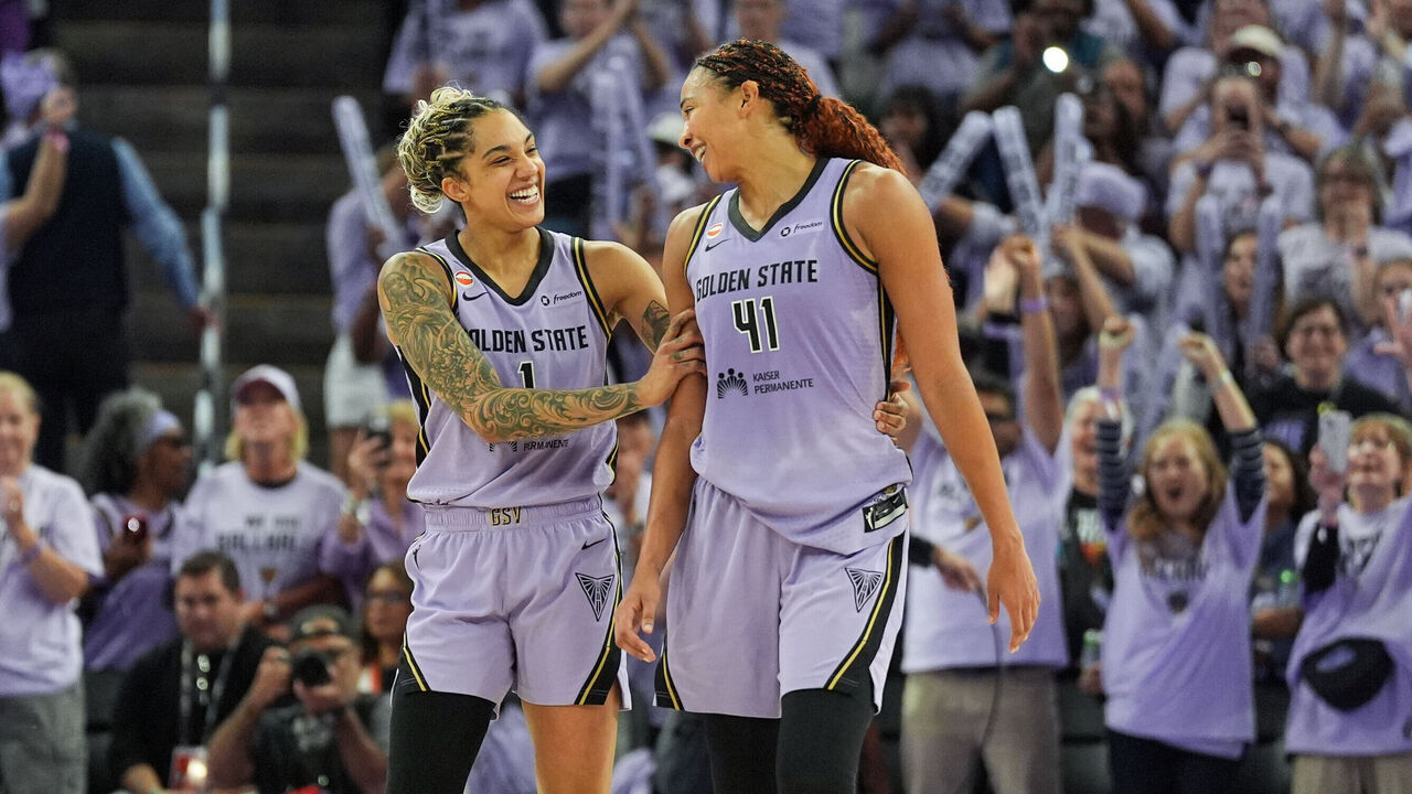 SAN FRANCISCO, CALIFORNIA - OCTOBER 4: Gabby Williams #1 and Kiah Stokes #41 of the Golden State Valkyries celebrate the win against the Las Vegas Aces during the Semifinals Game One at Chase Center on October 4, 2026 in San Francisco, California. NOTE TO USER: User expressly acknowledges and agrees that, by downloading and/or using this photograph, User is consenting to the terms and conditions of the Getty Images License Agreement.