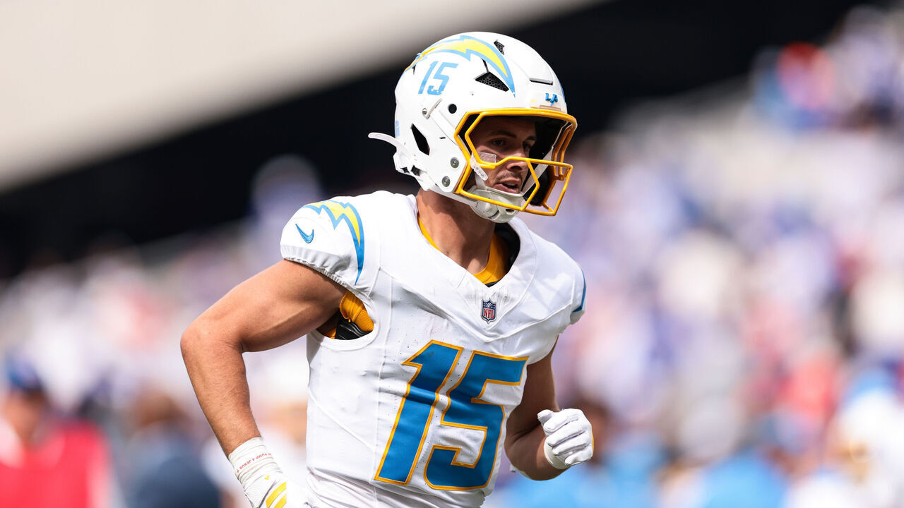 ORCHARD PARK, NEW YORK - SEPTEMBER 27: Ladd McConkey #15 of the Los Angeles Chargers walks off the field during halftime of the game against the Buffalo Bills at Highmark Stadium on September 27, 2026 in Orchard Park, New York.
