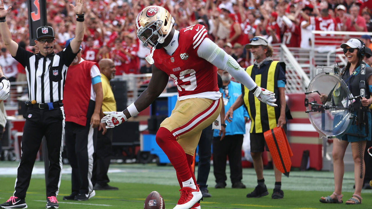SANTA CLARA, CALIFORNIA - OCTOBER 04: Deebo Samuel Sr. #19 of the San Francisco 49ers celebrates after scoring a touchdown in the third quarter against the Denver Broncos at Levi's Stadium on October 04, 2026 in Santa Clara, California.