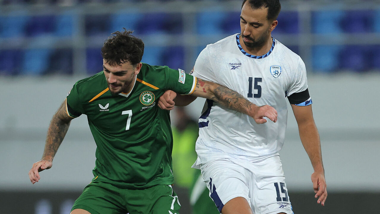 Republic of Ireland's forward #07 Troy Parrott (L) and Israel's midfielder #15 Eliel Peretz (R) fight for the ball during the UEFA Nations League Group B3 football match between the Republic of Ireland and Israel at the TSC Arena in Backa Topola on October 4, 2026.
