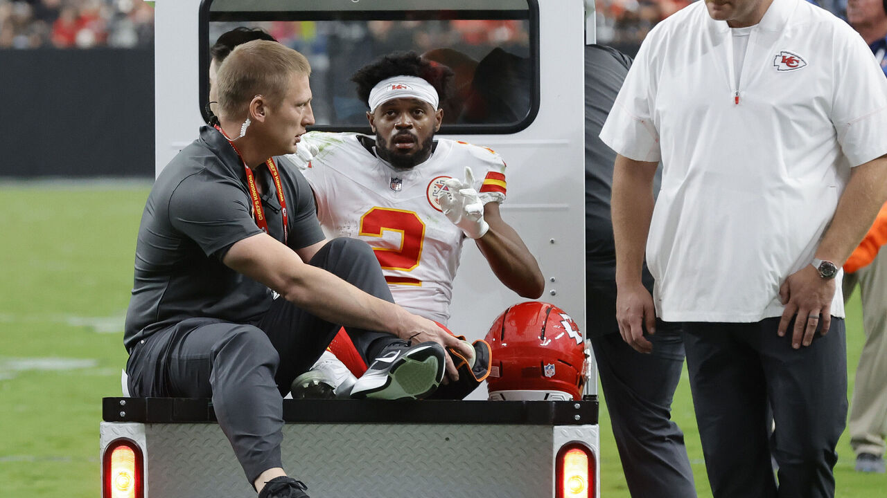LAS VEGAS, NEVADA - OCTOBER 04: Tyquan Thornton #2 of the Kansas City Chiefs is carted off the field after an injury against the Las Vegas Raiders during the fourth quarter at Allegiant Stadium on October 04, 2026 in Las Vegas, Nevada.