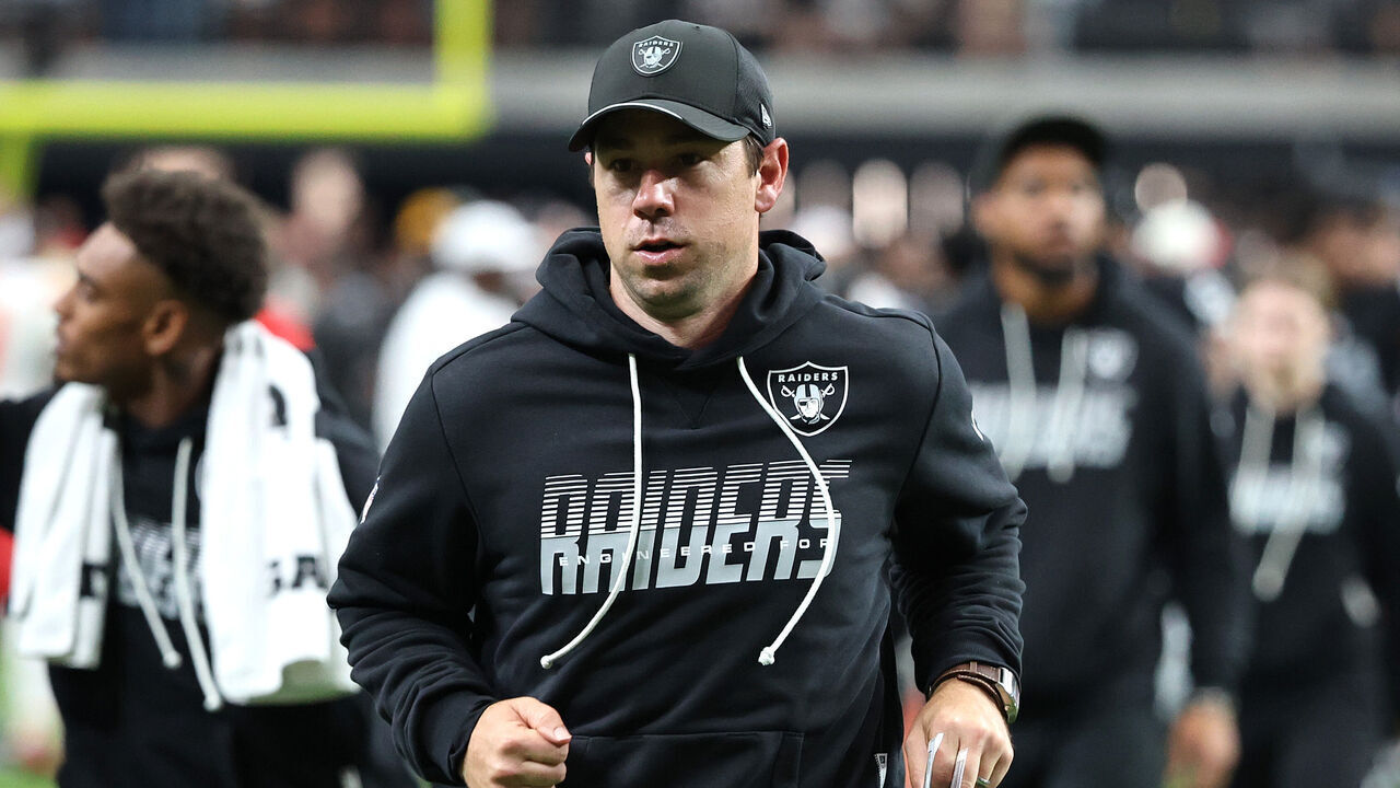 LAS VEGAS, NEVADA - OCTOBER 04: Head coach Klint Kubiak of the Las Vegas Raiders reacts against the Kansas City Chiefs after the game at Allegiant Stadium on October 04, 2026 in Las Vegas, Nevada.