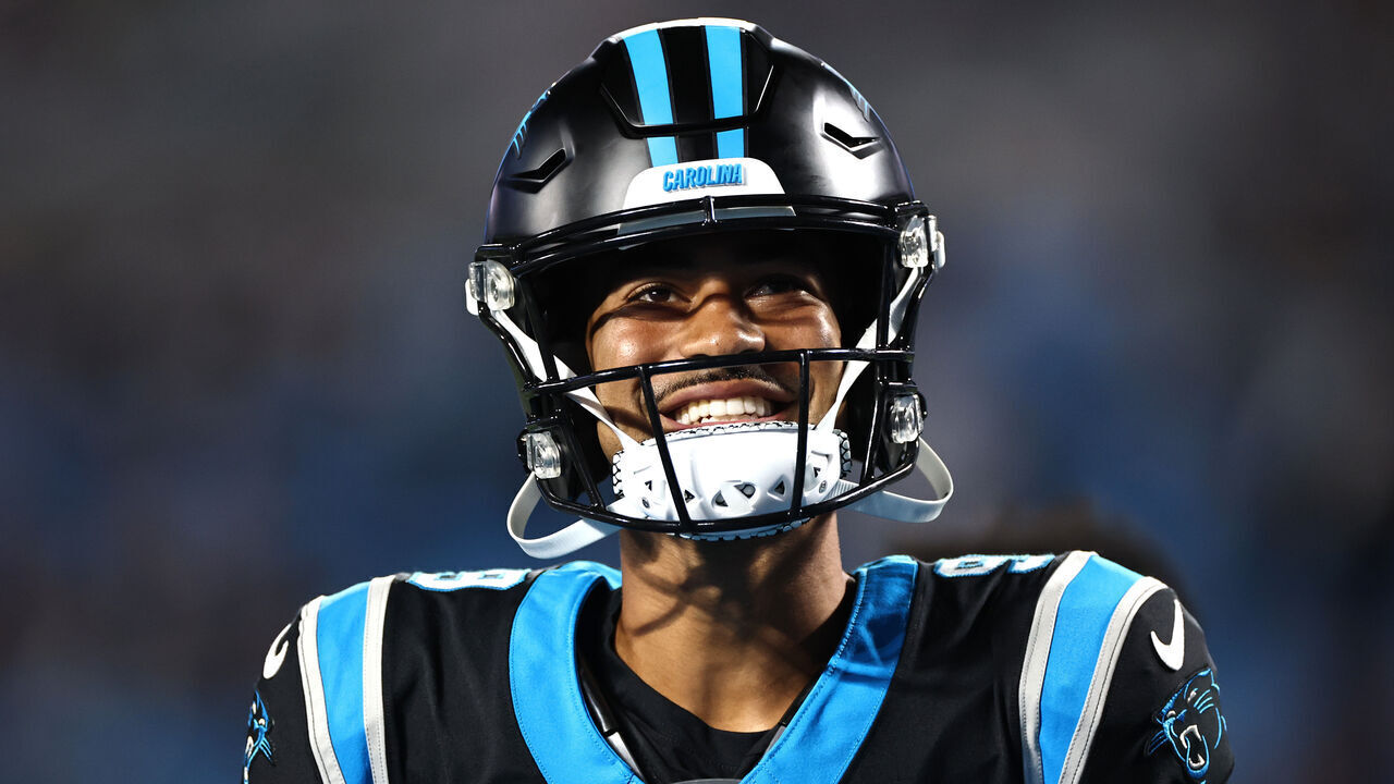 CHARLOTTE, NORTH CAROLINA - OCTOBER 04: Bryce Young #9 of the Carolina Panthers warms up prior to the game against the Detroit Lions at Bank of America Stadium on October 04, 2026 in Charlotte, North Carolina.