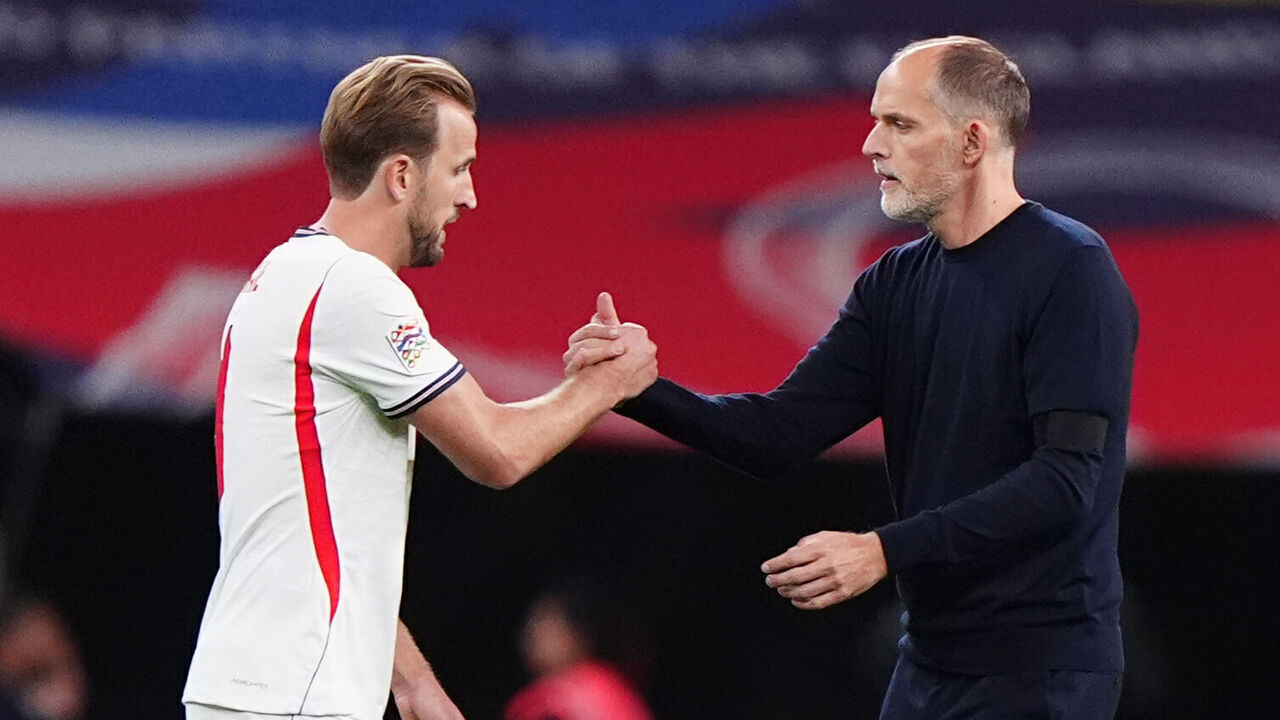 England manager Thomas Tuchel shakes with Harry Kane at the final whistle after the UEFA Nations League, league phase, group A3 match at Wembley Stadium, London. Picture date: Saturday September 26, 2026.