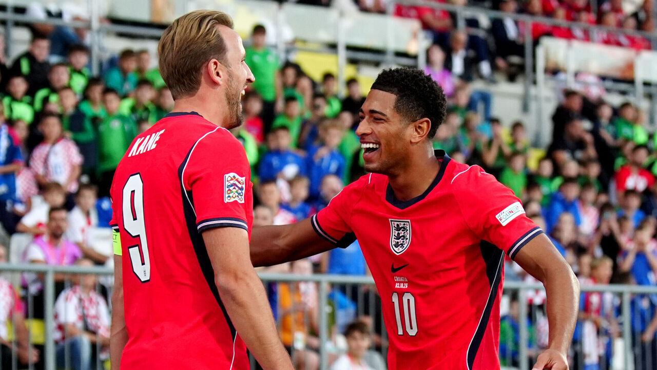 England's Harry Kane is congratulated on scoring the opening goal of the game by teammate Jude Bellingham (right) during the UEFA Nations League, league phase, group A3 match at the Stadion HNK Rijeka, Prague. Picture date: Saturday October 3, 2026.