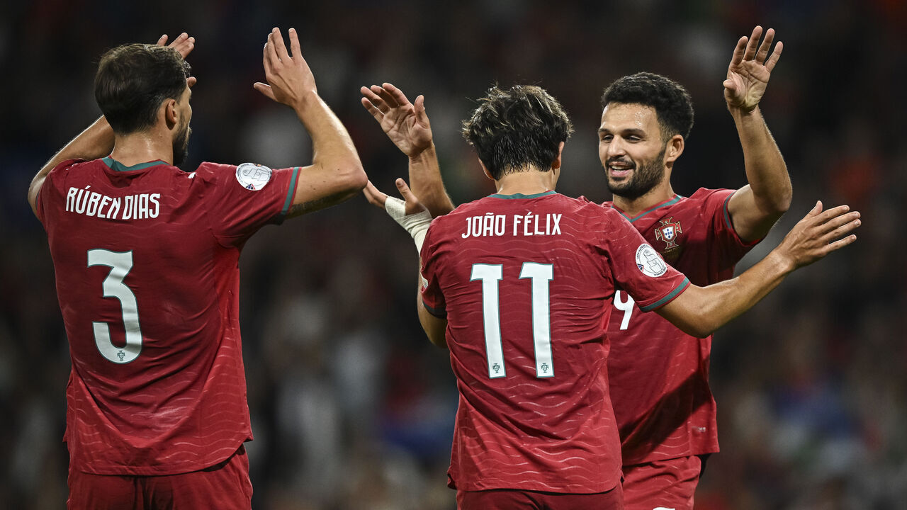 PORTO, PORTUGAL - OCTOBER 4: Goncalo Ramos of Portugal celebrates scoring his team's second goal with Joao Felix during the UEFA Nations League 2026/27 group phase match between Portugal and Norway at Estadio do Dragao on October 04, 2026 in Porto, Portugal.