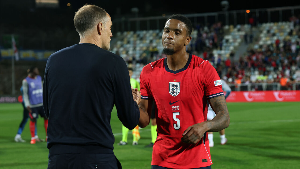 RIJEKA, CROATIA - OCTOBER 03: Thomas Tuchel, Head Coach of England, shakes hands with Ezri Konsa of England following the UEFA Nations League 2026/27 group phase match between Croatia and England at Stadion HNK Rijeka on October 03, 2026 in Rijeka, Croatia.