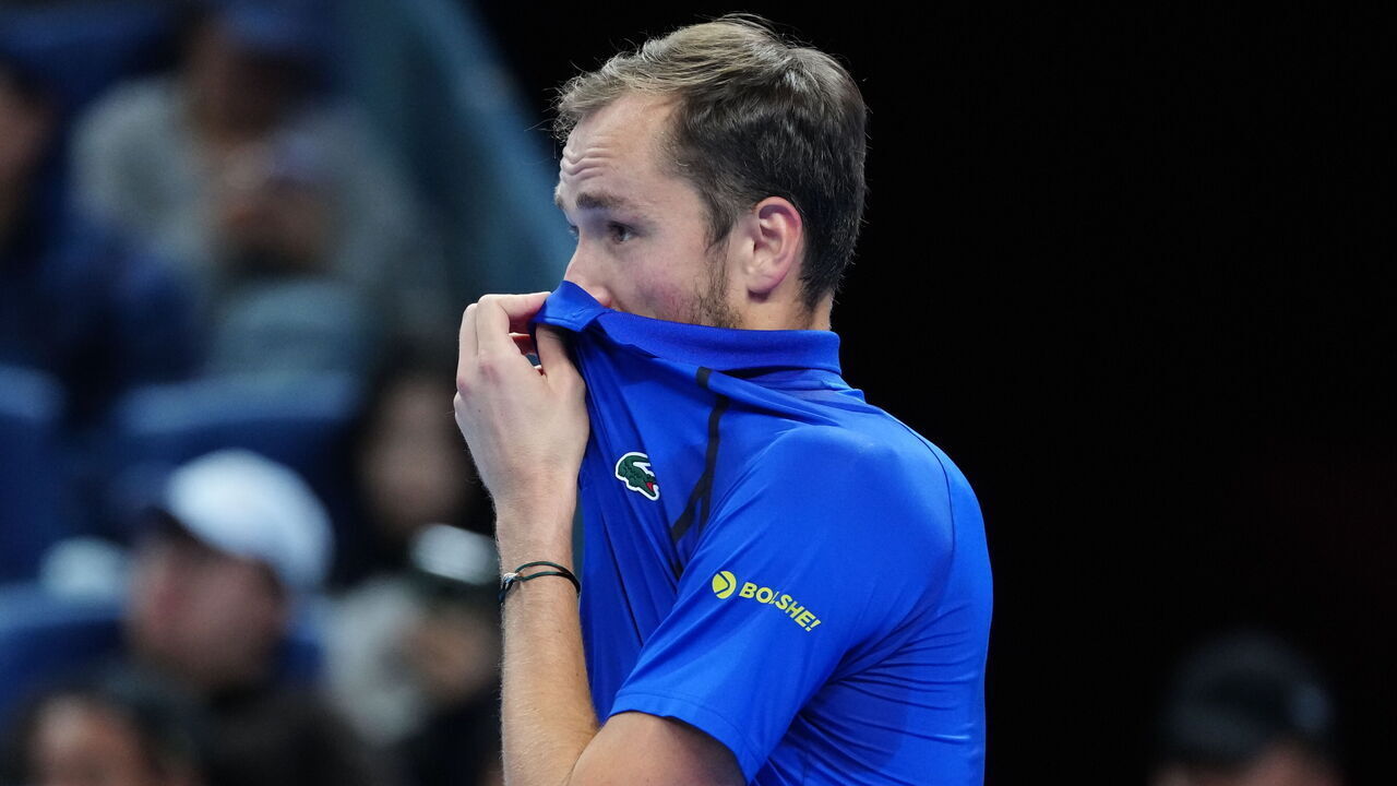 BEIJING, CHINA - OCTOBER 5: Daniil Medvedev reacts against Novak Djokovic of Serbia during their Men's Singles Semifinal match on day six of China Open at the National Tennis Center on October 5, 2026 in Beijing, China.