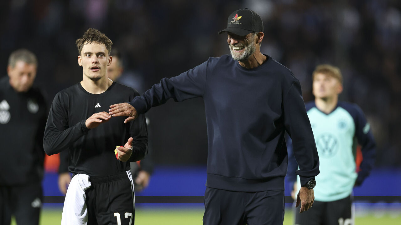 THESSALONIKI, GREECE - OCTOBER 04: Florian Wirtz of Germany with Jurgen Klopp, Head Coach of Germany after the UEFA Nations League 2026/27 group phase match between Greece and Germany at Toumba Stadium on October 04, 2026 in Thessaloniki, Greece.