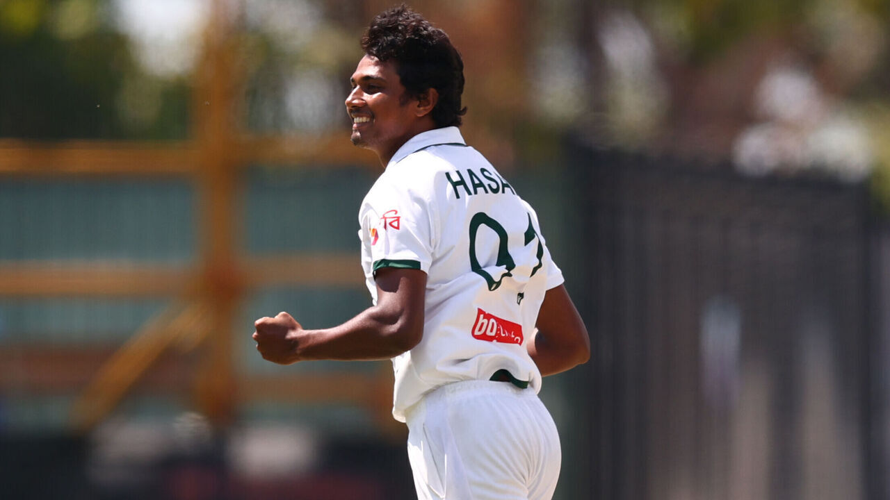 DARWIN, AUSTRALIA - AUGUST 15: Hasan Mahmud of Bangladesh celebrates after taking the wicket of Jake Weatherald of Australia during day three of the First Test Match in the series between Australia and Bangladesh at Marrara Stadium on August 15, 2026 in Darwin, Australia.