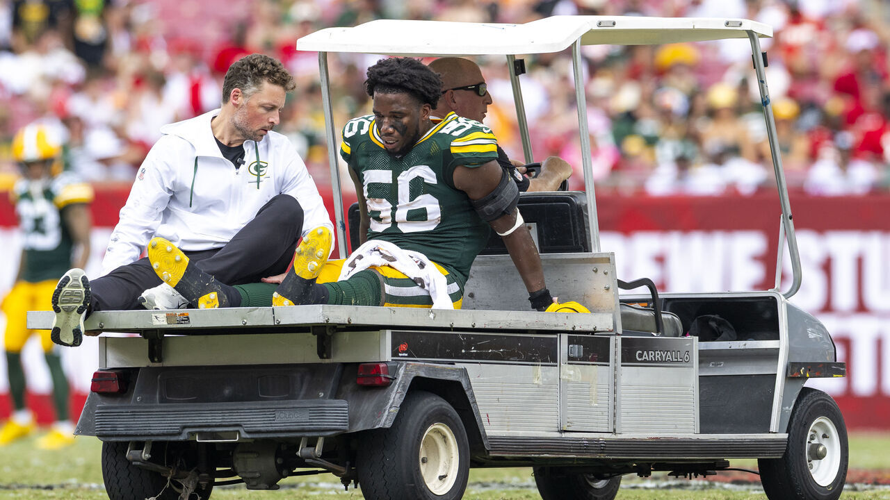 TAMPA, FLORIDA - OCTOBER 4: Linebacker Edgerrin Cooper #56 of the Green Bay Packers has to be carted off the field in the third quarter against the Tampa Bay Buccaneers at Raymond James Stadium on October 4, 2026 in Tampa, Florida.