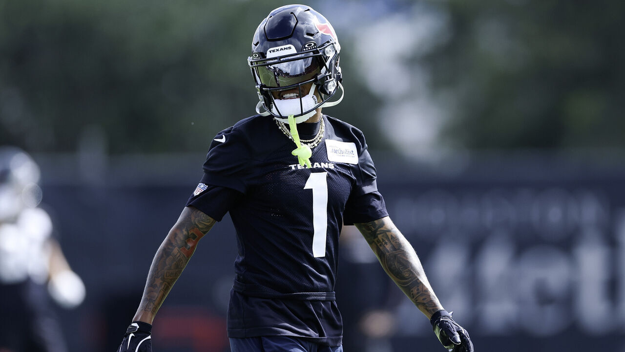 HOUSTON, TEXAS - JUNE 10: Tank Dell #1 of the Houston Texans looks on during Houston Texans mandatory minicamp at Houston Methodist Training Center on June 10, 2026 in Houston, Texas.