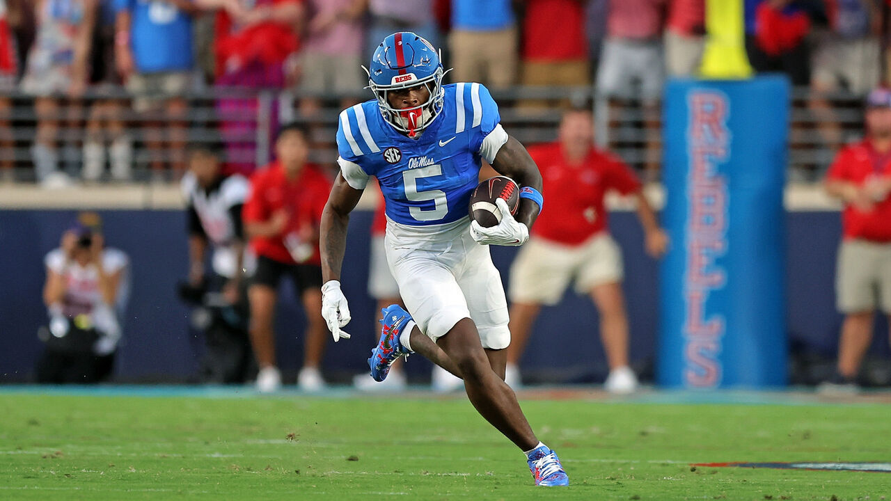OXFORD, MISSISSIPPI - SEPTEMBER 19: Kewan Lacy #5 of the Mississippi Rebels carries the ball during the game against the Louisiana State Tigers at Vaught-Hemingway Stadium on September 19, 2026 in Oxford, Mississippi.