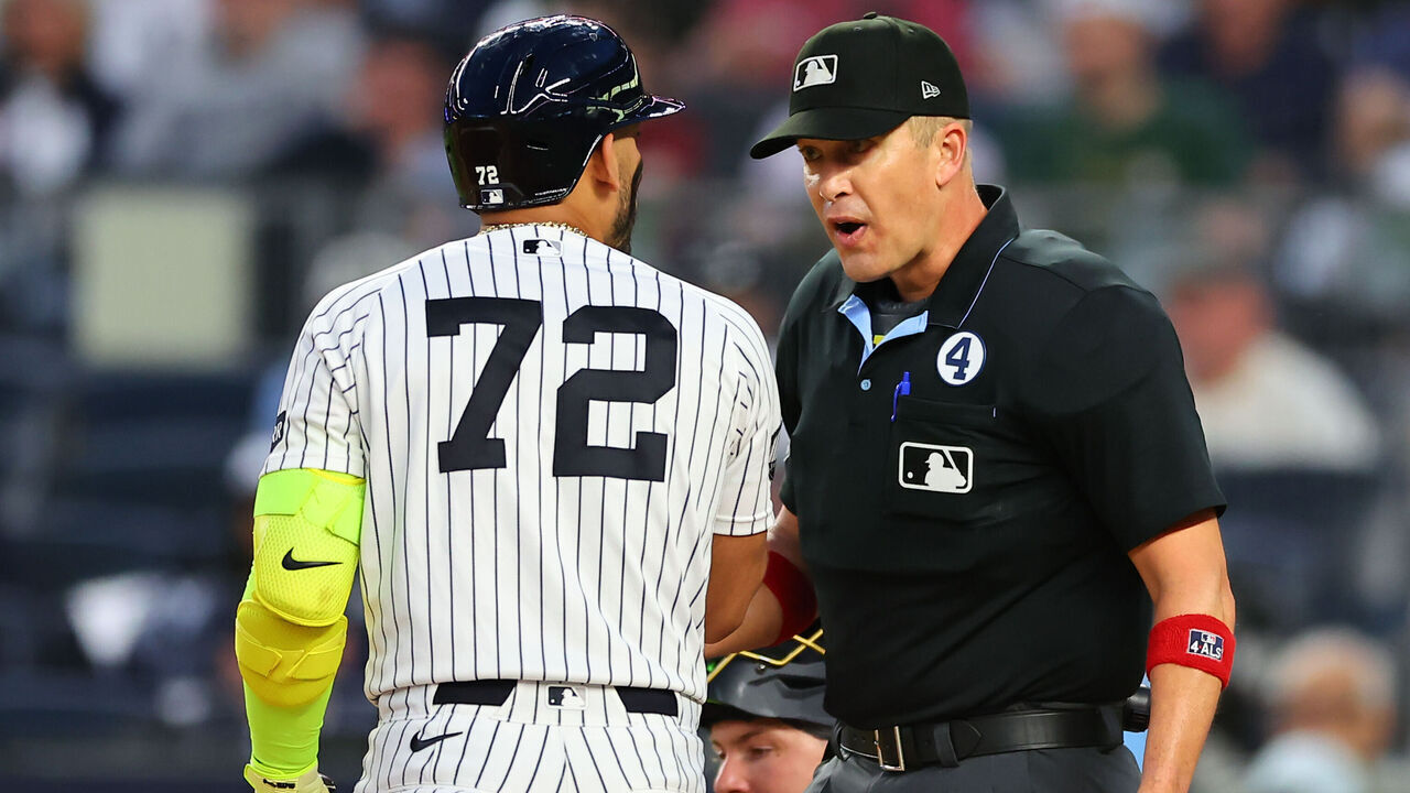 BRONX, NY - JUNE 02: Umpire Chris Segal #96 talks with José Caballero #72 of the New York Yankees during the game against the Cleveland Guardians on June 2, 2026 at Yankee Stadium in the Bronx borough of New York City.