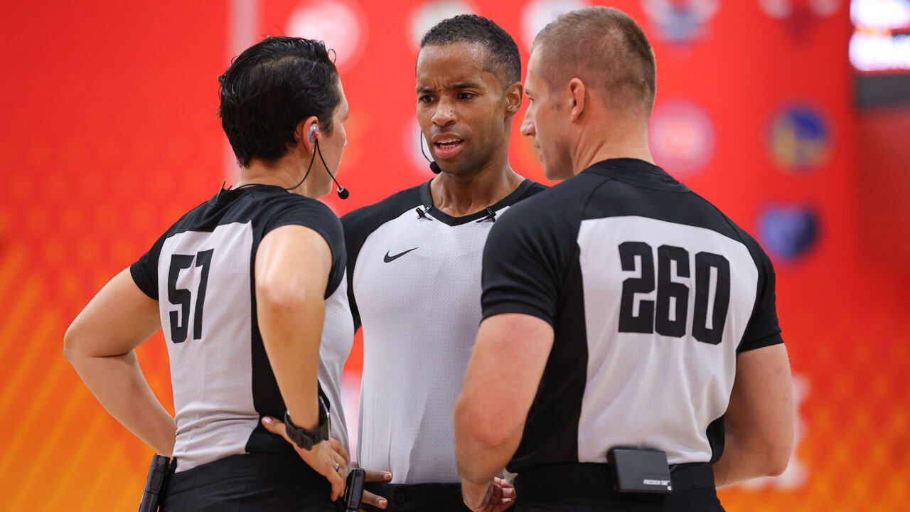 LAS VEGAS, NV - JULY 12: Game referees chat during the Milwaukee Bucks game against the San Antonio Spurs on July 12, 2026 at the Cox Pavilion in Las Vegas, NV. Mandatory Copyright Notice: Copyright 2026 NBAE