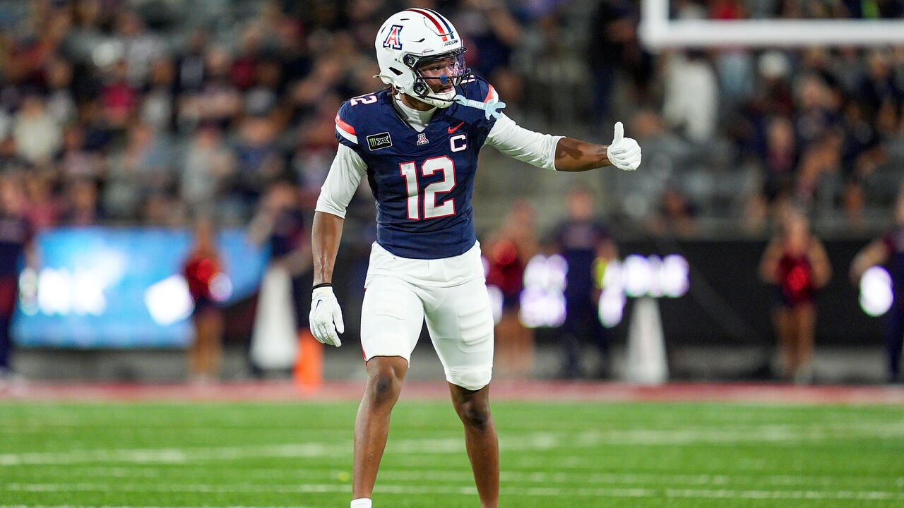 TUCSON, ARIZONA - SEPTEMBER 05: Tre Spivey #12 of the Arizona Wildcats gets set at the line of scrimmage during the first quarter against the Northern Arizona Lumberjacks at Casino Del Sol Stadium on September 05, 2026 in Tucson, Arizona.