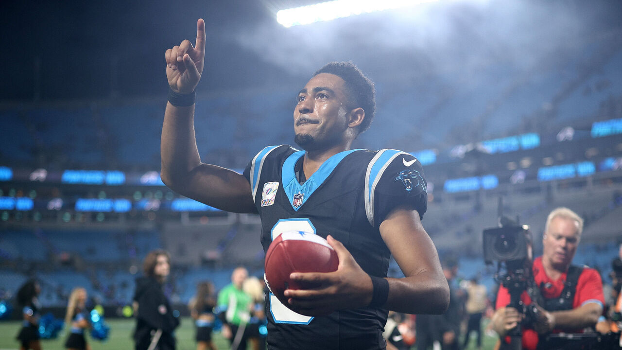CHARLOTTE, NORTH CAROLINA - OCTOBER 04: Bryce Young #9 of the Carolina Panthers celebrates after defeating the Detroit Lions 32-26 at Bank of America Stadium on October 04, 2026 in Charlotte, North Carolina.