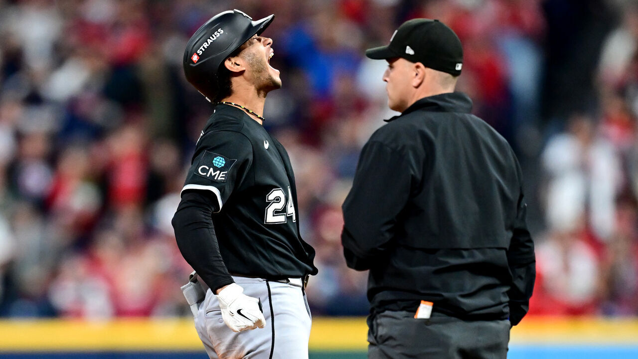 CLEVELAND, OHIO - OCTOBER 05: Braden Montgomery #24 of the Chicago White Sox celebrates on second base after hitting a two run RBI Double during the sixth inning against the Cleveland Guardians in game two of the American League Division Series at Progressive Field on October 05, 2026 in Cleveland, Ohio.