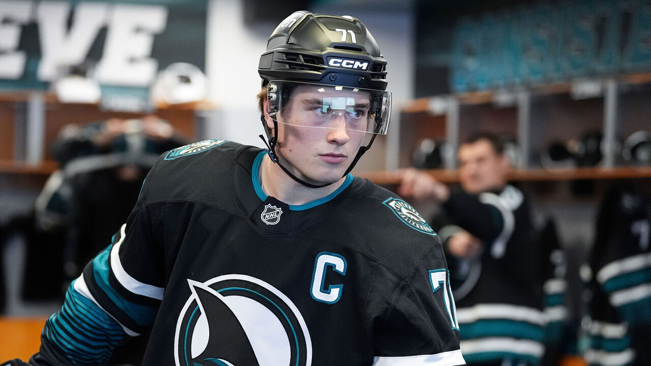 SAN JOSE, CA - OCTOBER 3: Macklin Celebrini #71 of the San Jose Sharks in the locker room before the game against the Los Angeles Kings at SAP Center on October 3, 2026 in San Jose, California.