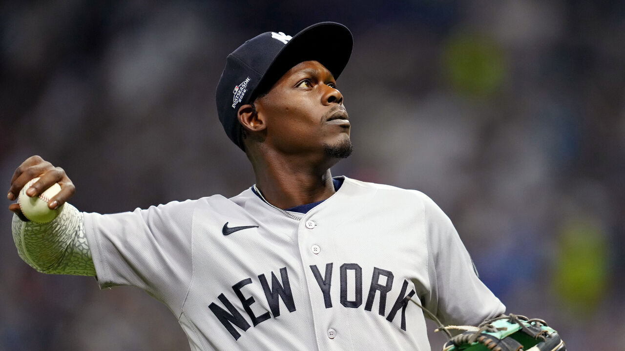 ST. PETERSBURG, FL - OCTOBER 05: Jazz Chisholm Jr. #13 of the New York Yankees looks on during Game Two of the American League Division Series presented by Booking.com between the New York Yankees and the Tampa Bay Rays at Tropicana Field on Monday, October 5, 2026 in St. Petersburg, Florida.