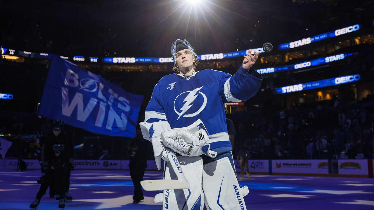 TAMPA, FL - OCTOBER 5: Goalie Andrei Vasilevskiy #88 and the Tampa Bay Lightning celebrate the win against the Philadelphia Flyers at Benchmark International Arena on October 5, 2026 in Tampa, Florida.