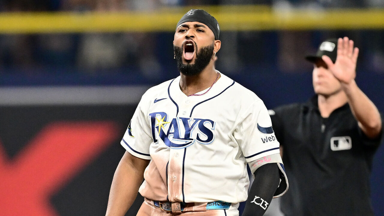 ST PETERSBURG, FLORIDA - OCTOBER 05: Junior Caminero #13 of the Tampa Bay Rays celebrates after hitting a double against the New York Yankees during the fifth inning in game two of the American League Division Series at Tropicana Field on October 05, 2026 in St Petersburg, Florida.