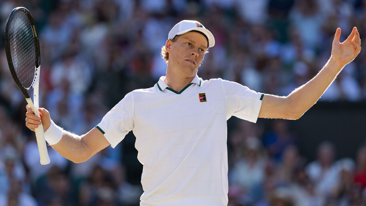 LONDON, ENGLAND - JULY 12: Jannik Sinner of Italy in action during the Men's Singles Final against Alexander Zverev of Germany (not pictured) at The Wimbledon Lawn Tennis Championship at the All England Lawn and Tennis Club at Wimbledon on July 12th, 2026 in London, England.