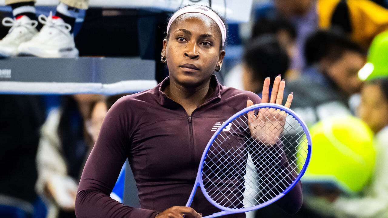 BEIJING, CHINA - OCTOBER 05: Coco Gauff of the United States reacts to defeating Xinran Sun of China in the third round on Day 6 of the China Open at National Tennis Center on October 05, 2026 in Beijing, China