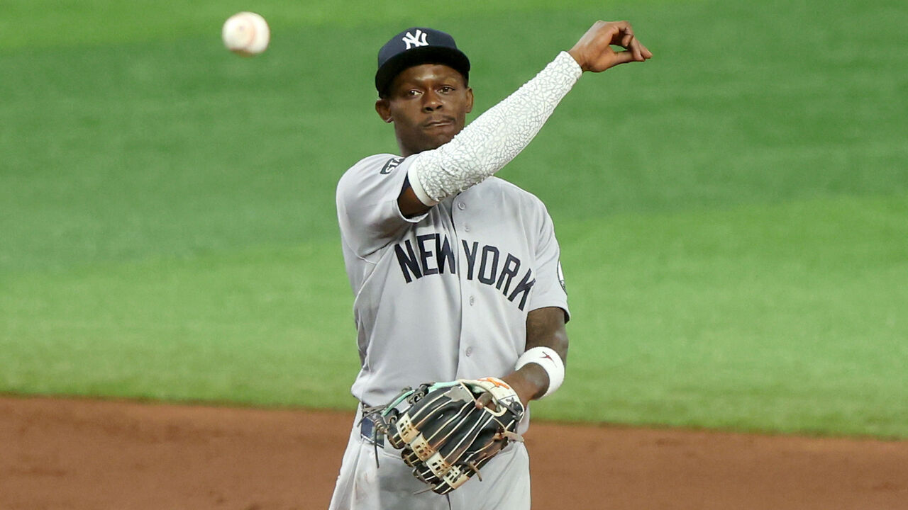 ST. PETERSBURG, FL - OCTOBER 05: New York Yankees Infielder Jazz Chisholm Jr. (13) throws the ball over to first base during Game #2 between the New York Yankees and the Tampa Bay Rays on October 05, 2026, at Tropicana Field in St. Petersburg, FL.