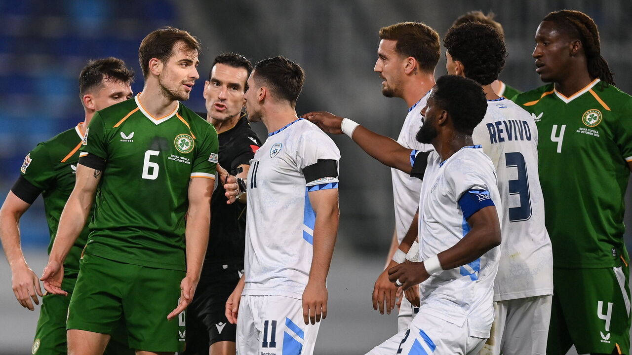Serbia , Serbia - 4 October 2026; Jayson Molumby and Jason Knight of Republic of Ireland argue with Eli Dasa and Oscar Gloukh of Israel after the final whistle of the UEFA Nations League B match between the Republic of Ireland and Israel at TSC Arena in Baka Topola, Serbia.