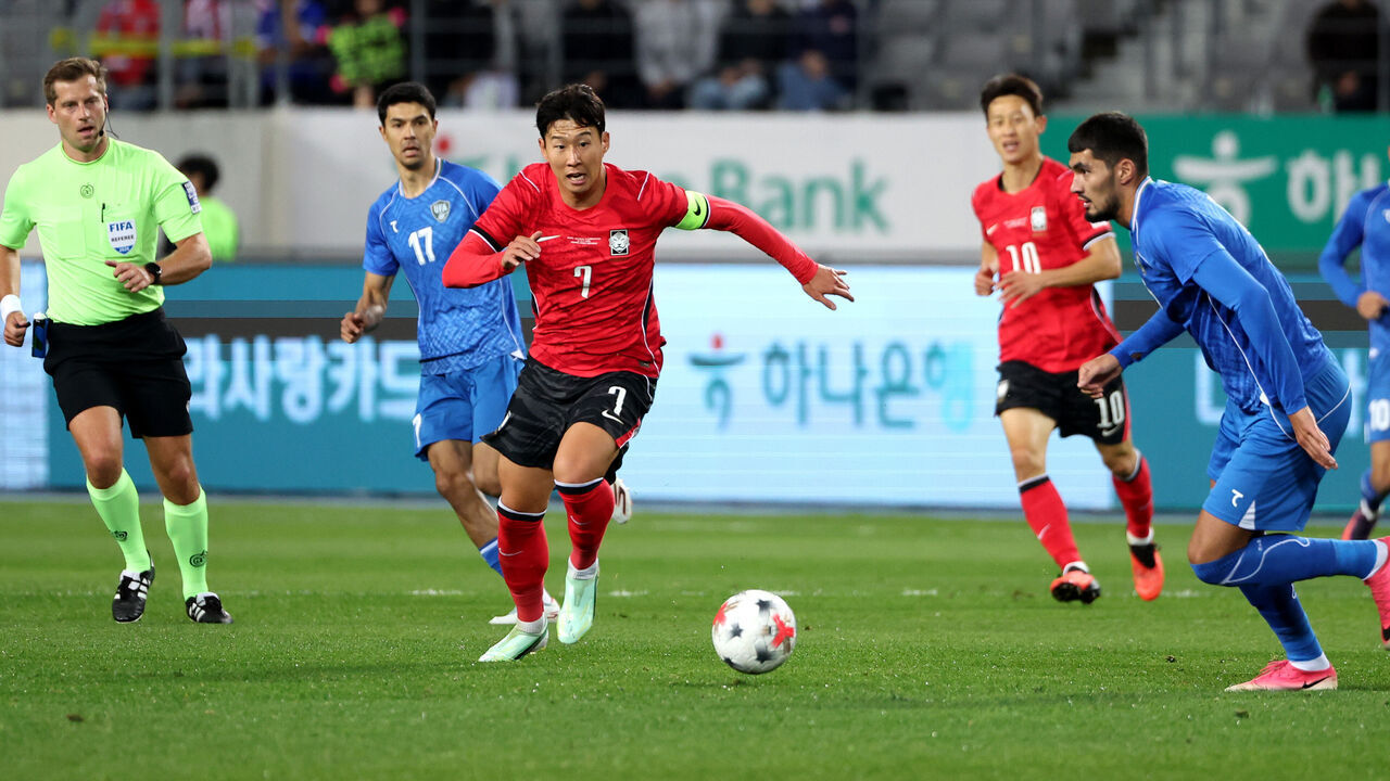 YONGIN, SOUTH KOREA - OCTOBER 06: Heungmin Son of South Korea controls the ball during the international friendly match between South Korea and Uzbekistan at Yongin Mireu Stadium on October 06, 2026 in Yongin, South Korea.