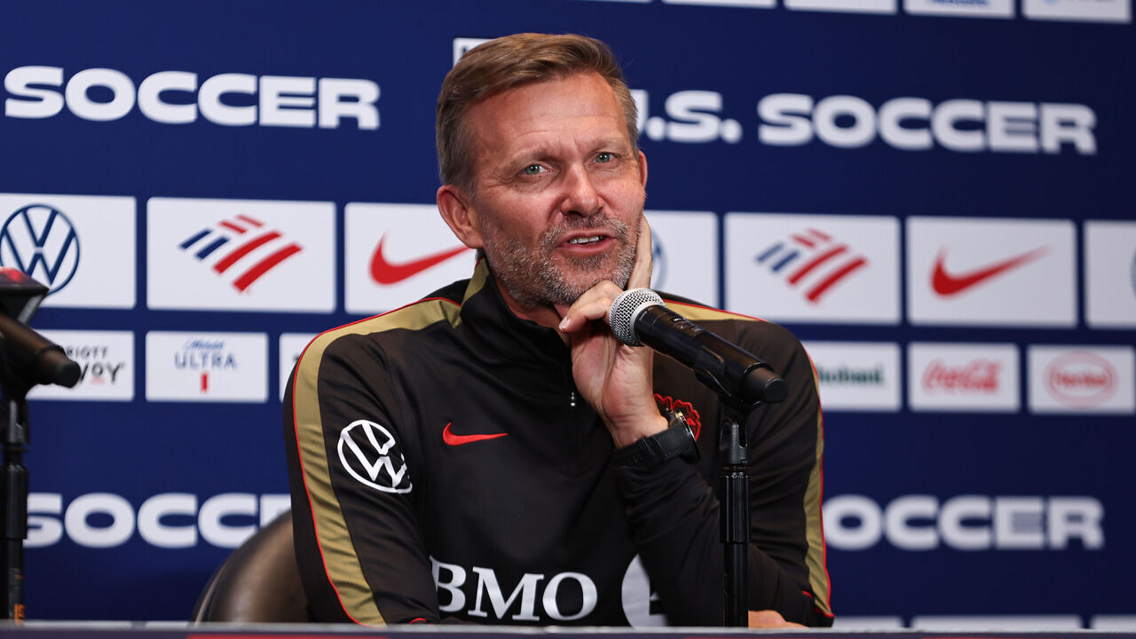 ST PAUL, MINNESOTA - OCTOBER 5: Head coach Jesse Marsch of Canada speaks with members of the media during a press conference ahead of the international friendly match against the United States at Allianz Field on October 5, 2026 in St Paul, Minnesota.