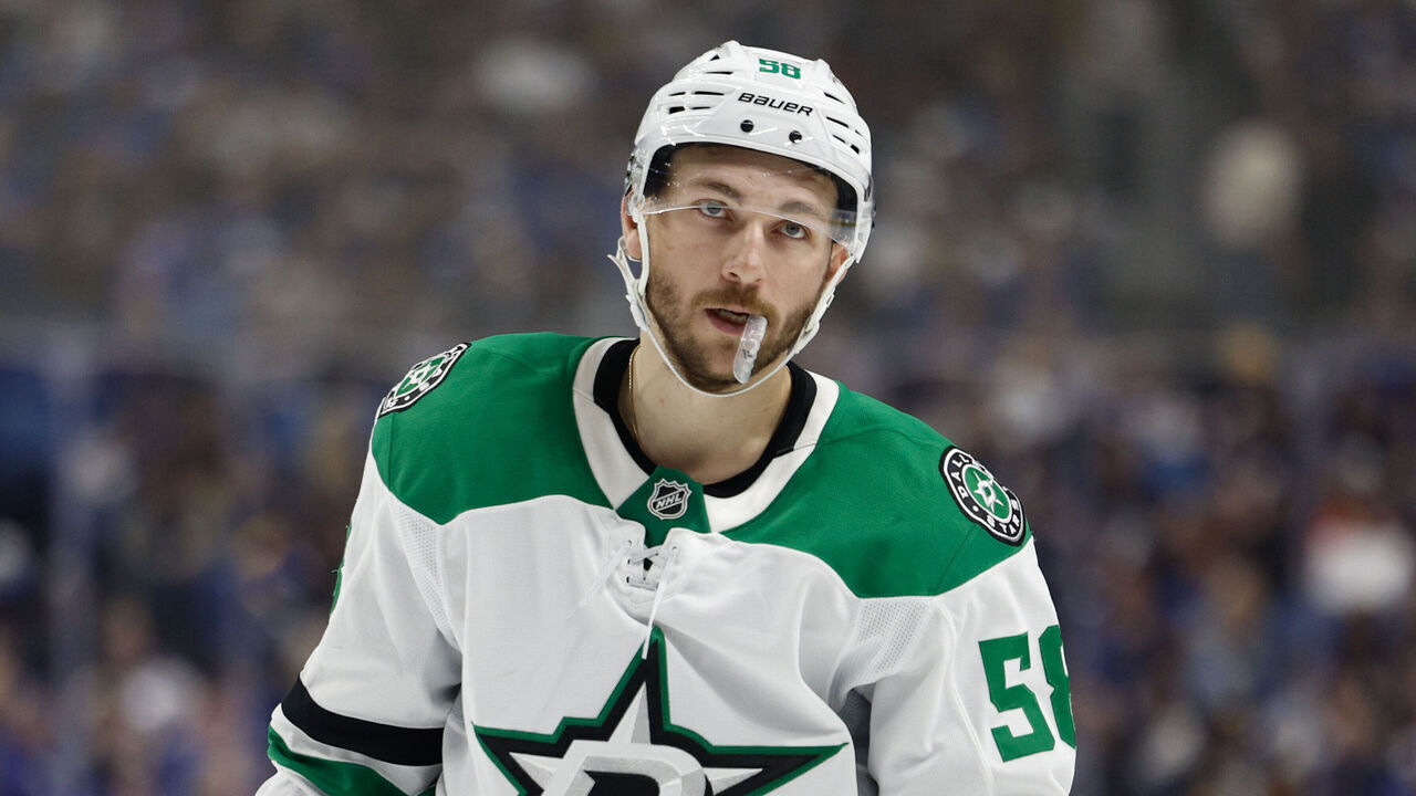 BUFFALO, NEW YORK - APRIL 15: Michael Bunting #58 of the Dallas Stars looks on during the third period against the Buffalo Sabres at KeyBank Center on April 15, 2026 in Buffalo, New York.