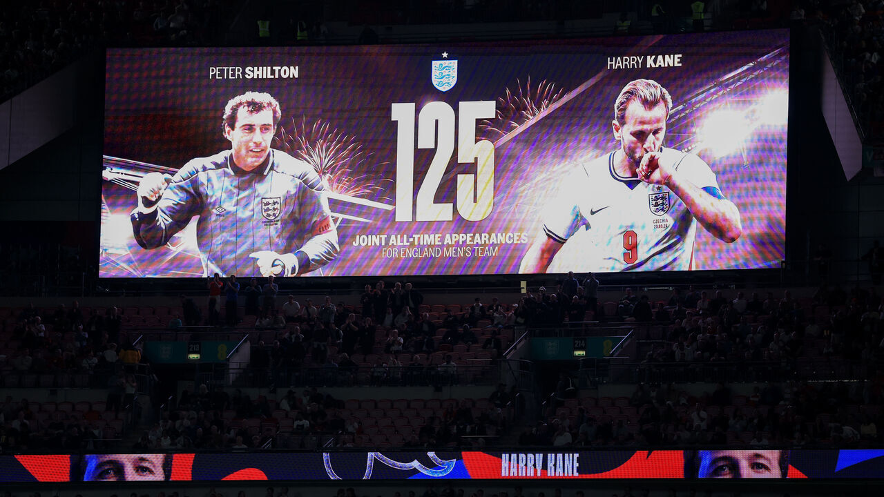 LONDON, ENGLAND - OCTOBER 6: Giant screen shows Peter Shilton 125 caps and Harry Kane equalling 125 caps for England before the UEFA Nations League 2026/27 group phase match between England and Czechia at Wembley Stadium on October 6, 2026 in London, England.