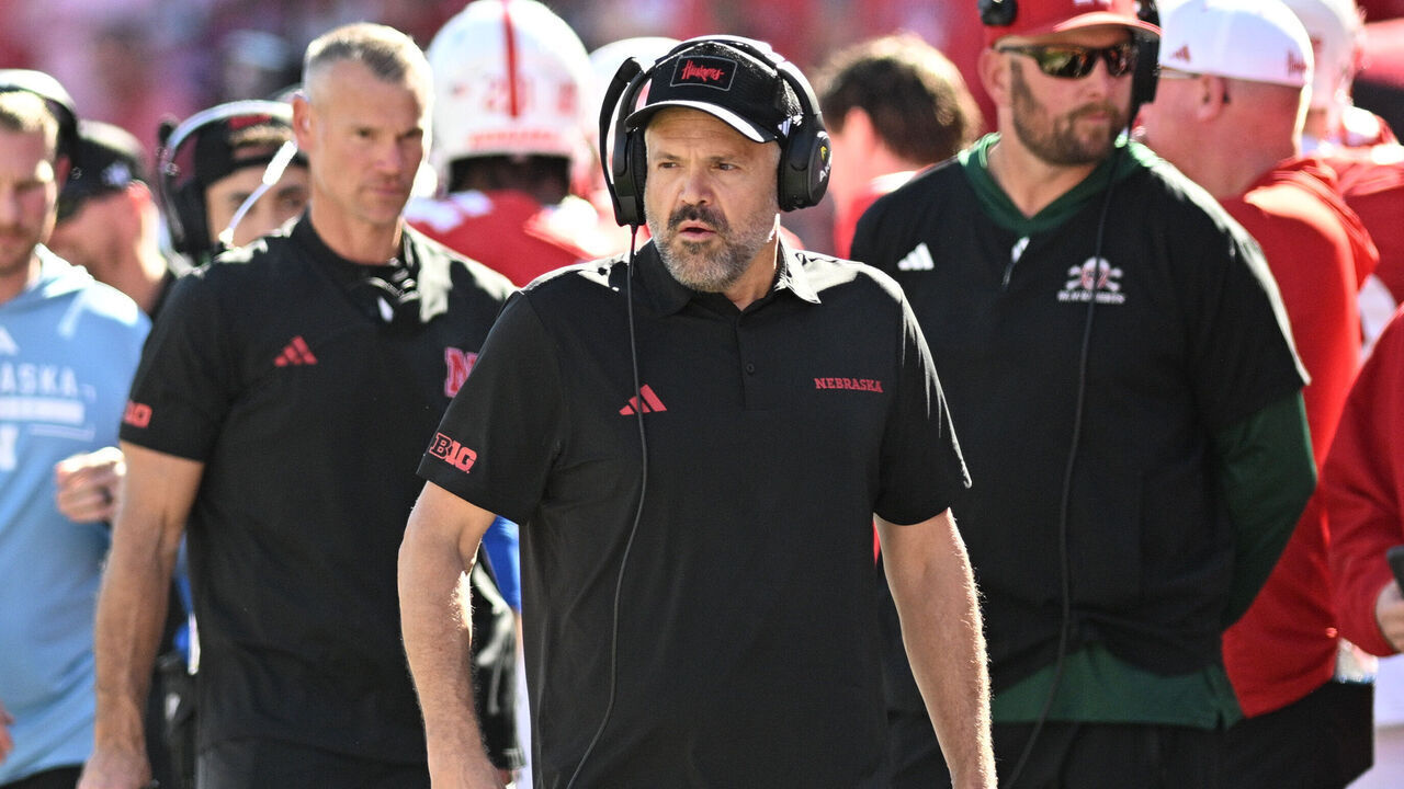 LINCOLN, NEBRASKA - OCTOBER 3: Head coach Matt Rhule of the Nebraska Cornhuskers watches action against the Maryland Terrapins during the first half at Memorial Stadium on October 3, 2026 in Lincoln, Nebraska.