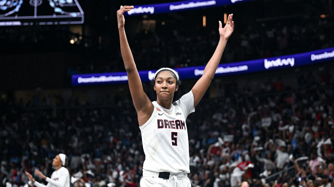 ATLANTA, GA - OCTOBER 04: Atlanta forward Angel Reese (5) reacts during the WNBA second round playoff game between the New York Liberty and the Atlanta Dream on October 4th, 2026 at State Farm Arena in Atlanta, GA.