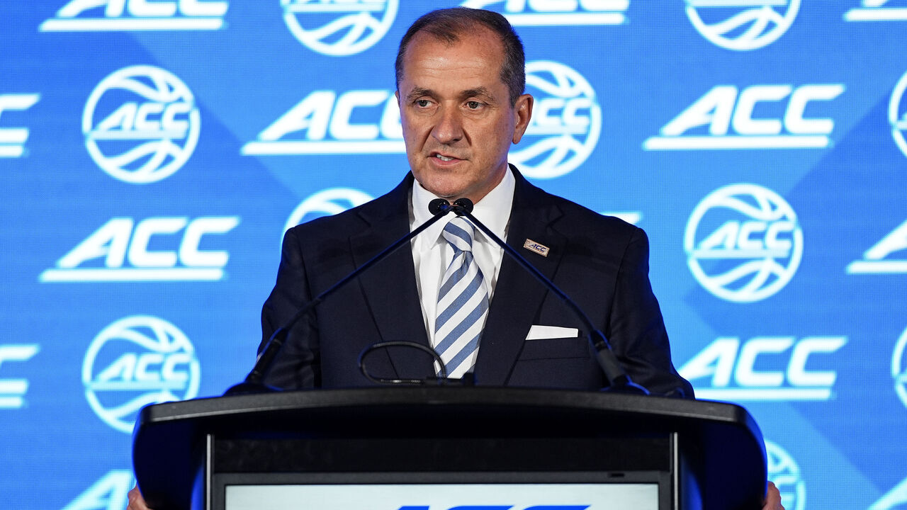 CHARLOTTE, NORTH CAROLINA - OCTOBER 06: ACC Commissioner Jim Phillips spea during the ACC basketball tip off at Hilton Charlotte Uptown on October 06, 2026 in Charlotte, North Carolina.