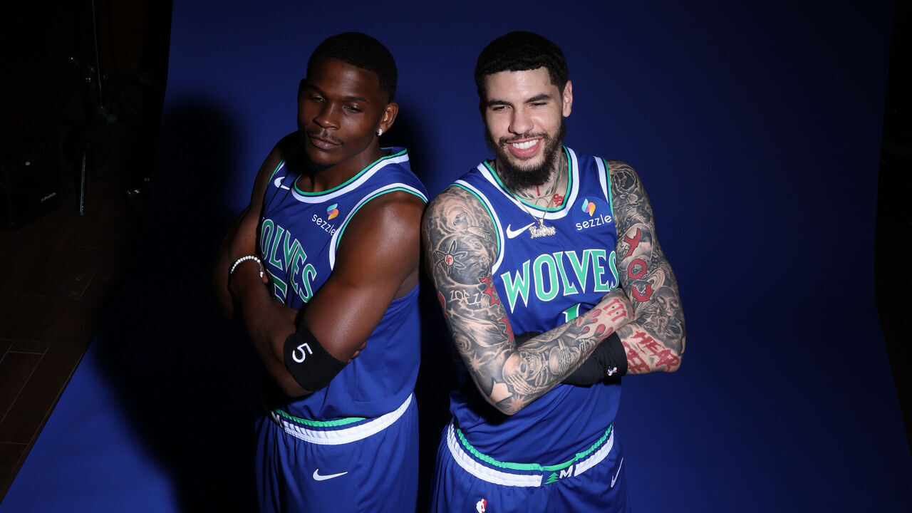 MINNEAPOLIS, MN - SEPTEMBER 22: LaMeloBall #1 & Anthony Edwards #5 of the Minnesota Timberwolves pose for a portrait during production day on September 22, 2026 at the Minnesota Timberwolves and Lynx Courts at Mayo Clinic Square in Minneapolis, Minnesota. NOTE TO USER: User expressly acknowledges and agrees that, by downloading and or using this Photograph, user is consenting to the terms and conditions of the Getty Images License Agreement. Mandatory Copyright Notice: Copyright 2026 NBAE